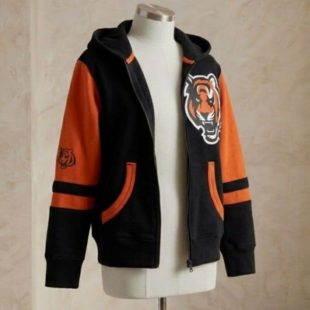 NFL Team Apparel Cincinnati Bengals Kids Full Zip Hoodie Black Orange Medium 5/6